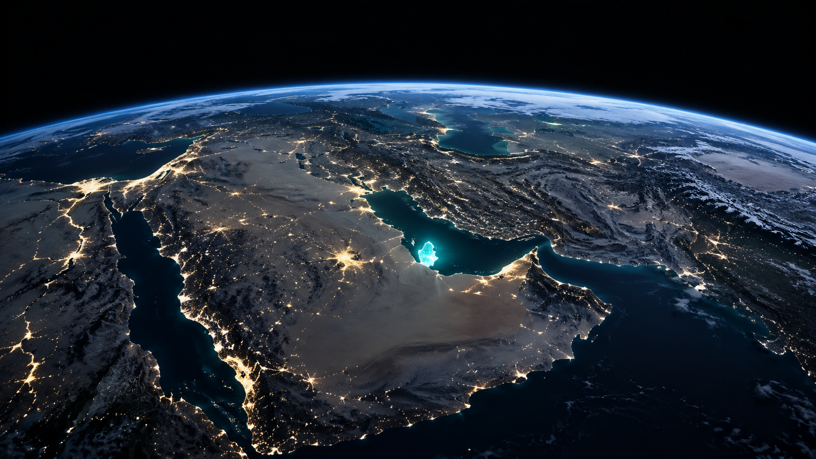 Night view of the Arabian Peninsula and Persian Gulf from space, with Qatar highlighted directly on the globe