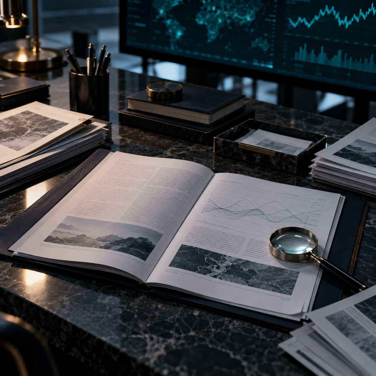 Research materials and data displays on a desk