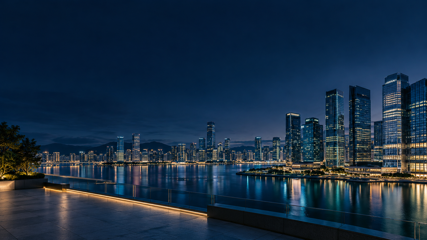 Waterfront architecture at dusk