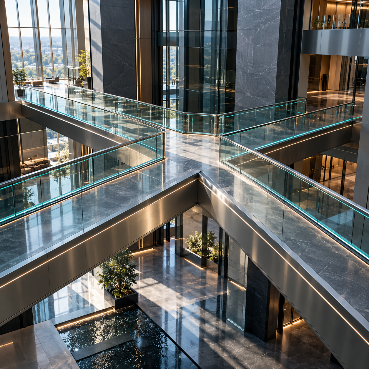 Connecting walkways in a modern atrium