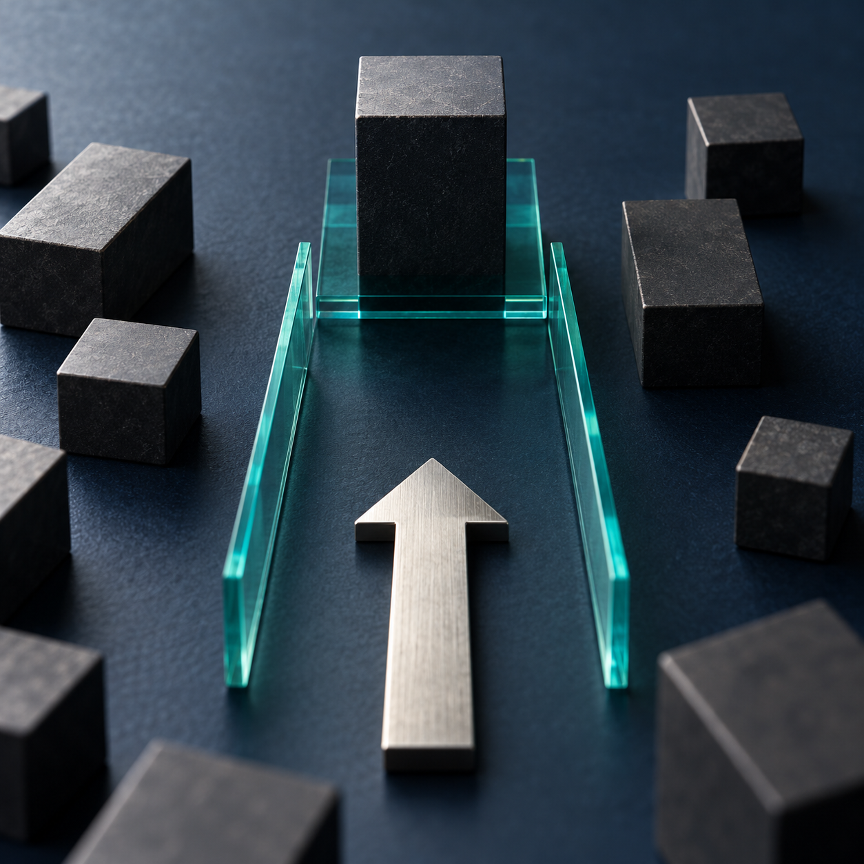Metal arrow directed through glass guides toward a target