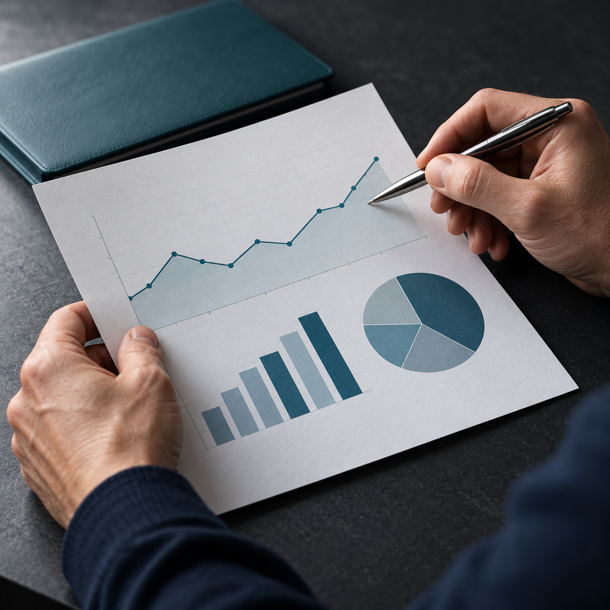 Hands reviewing charts on a printed report